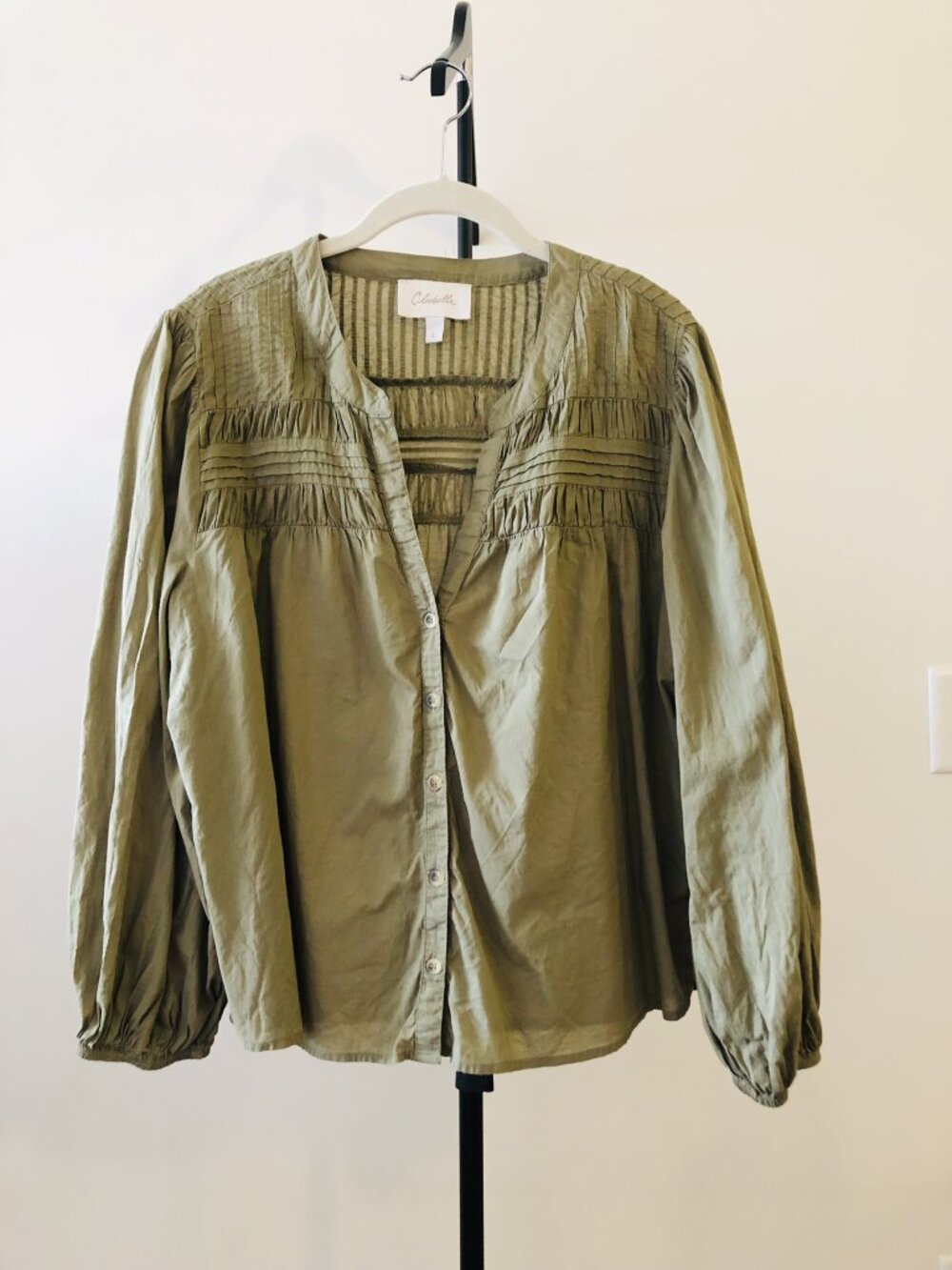 Cleobella Pintuck Yoke Balloon Long Sleeve Blouse Olive Green Size L 100% Cotton